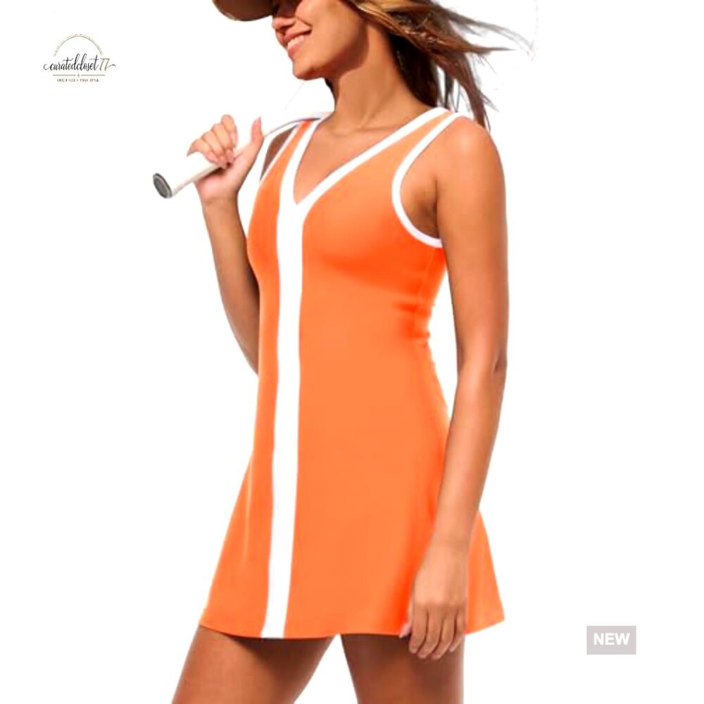 Women's Athletic Dress with Built-in Shorts, V-Neck, Pockets, Removable Pads - Picture 2 of 5